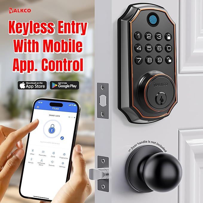 VALKCO Smart Door Lock V5O5BF, Keyless Entry Door Lock with Keypad and Bluetooth App Control, Fingerprint Deadbolt, Smart Door Lock for Front Door, Auto Lock, IP54 Weatherproof, Easy Installation.