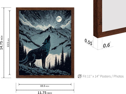 Poster Master Vintage Illustration Poster - Retro Animal Print - Gift for Artist, Friend - Wolf Howling at the Moon, Mountain, Snow, Landscape - Wall Decor for Home, Office, 11x14 Brown Framed