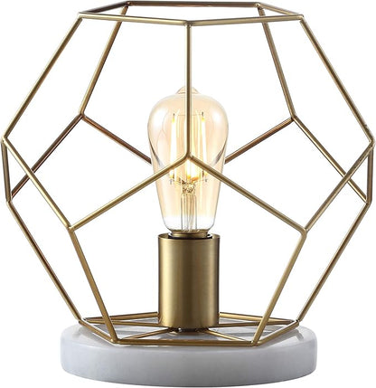 JONATHAN Y 10" Brass Gold Geometric Table Lamp, Midcentury Modern Metal Desk Lamp for Living Room Bedroom, White Marble Base, Glam Bedside Nightstand Light with LED Bulb JYL1047A