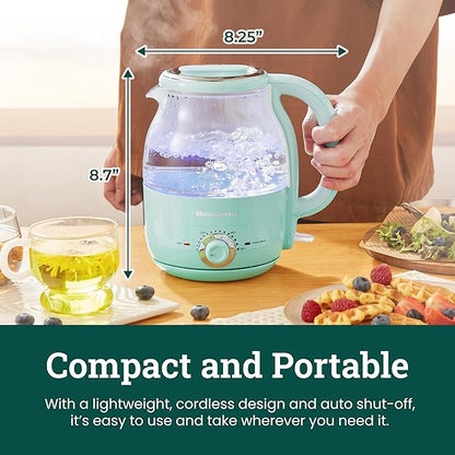 Elite Gourmet 1.2L Electric Glass Kettle, 1200W Fast Boil, Adjustable Temperature Control & Keep Warm, BPA-Free Borosilicate Glass, Auto Shut-Off & Boil-Dry Protection, 360° Cordless Base, Mint