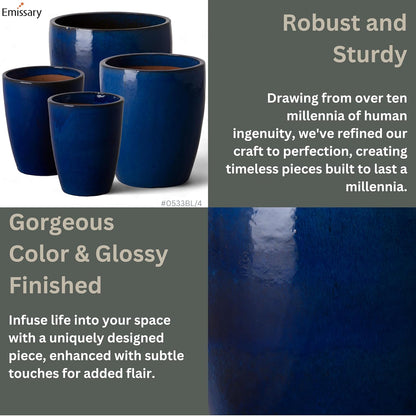 Emissary Home and Garden Bullet 12in., 14in., 15.5in., 21in. H Blue Ceramic Round Planters with Drainage Hole (Set of 4)