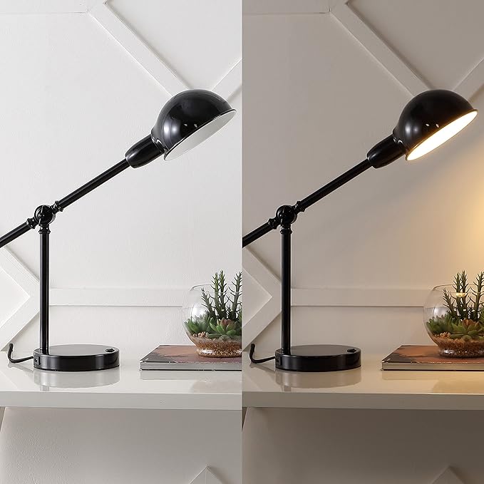 JONATHAN Y 20.25" Black Vintage Industrial Iron Adjustable Task Lamp with USB Charging Port for Office Desk, Metal Yellow Dome Shade, LED Bulb Included JYL7123A