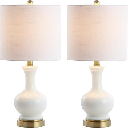 JONATHAN Y 22" White Modern Glass Table Lamp Set of 2, Brass Gold Bedside Lamp with White Linen Shade for Bedroom Living Room, LED Bulbs Included JYL4033A-SET2