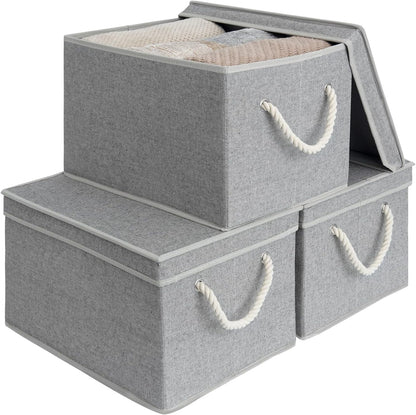 StorageWorks Storage Bins with Lids, Decorative Storage Boxes with Lid and Soft Rope Handles, Foldable Storage Baskets for Closet, Shelves, Stackable, Gray, Jumbo, 3-Pack