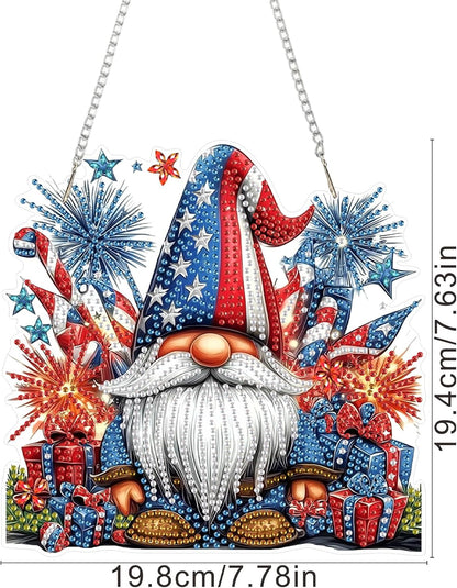 SENQAO Gnome Diamond Art Hanging Kit for Adult, Special Shaped Rhinestone, Double Sided DIY Acrylic Diamond Art Painting Window Pendants Home Garden Wall Hanging Kits Hanging Ornament(4Th of July)