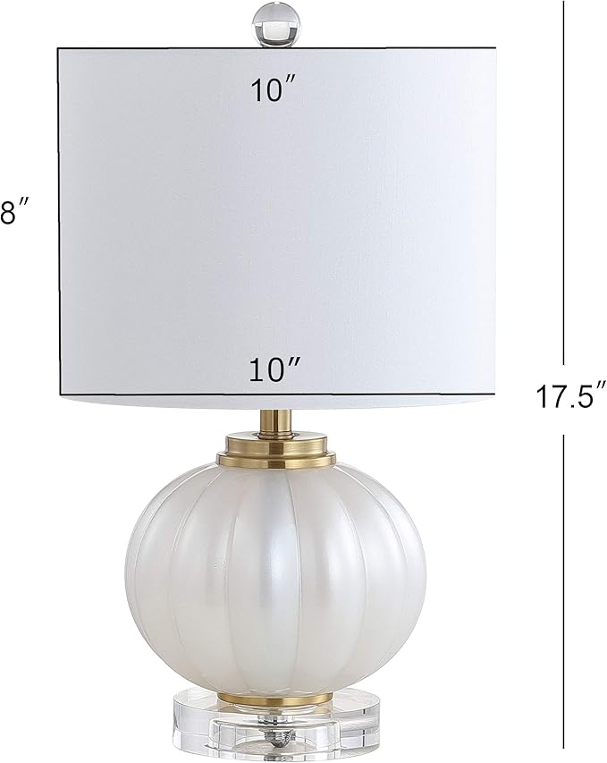 JONATHAN Y 17.5" White/Brass Gold Glass Table Lamp, Modern Crystal Bedside Lamp for Bedroom Living Room Nightstand, Glam Ribbed Accent Lamp, White Faux Silk Shade, LED Bulb (JYL2076B)