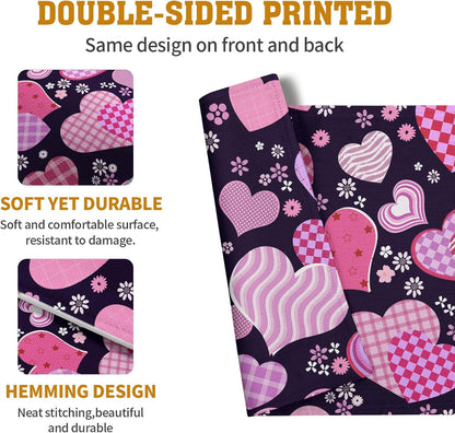 Pink Love Hearts Valentine's Day Placemats Set of 4 Seasonal Valentines Anniversary Wedding Linen Table Mats Pink Black Washable Place Mats for Party Kitchen Dining Outdoor Indoor Decor 12x18 Inch