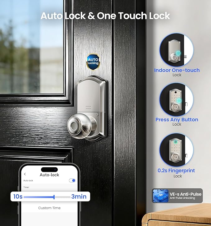Veise VE018 Smart Knob Handle Lock - Fingerprint, App Control, Keyless Entry for Front Door and Bedroom, Electronic Digital Keypad, Auto Lock, Remote Access Sharing, IP55 Weatherproof, Satin Nickel