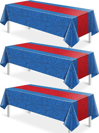 3Pcs Spider Web Themed Birthday Party Tablecloth Decorations,Blue Hero Plastic Table Cover with Red Runner Disposable Rectangle Table Cloth for Baby Shower Kids Boy Birthday Party Supplies,54x108 Inch