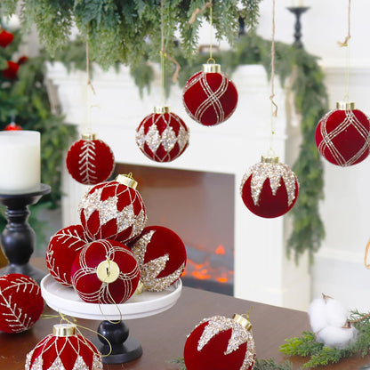 4inch Velvet Ornaments for Christmas Tree, 9PCS Glitter Flocked Christmas Ornaments Decorations Balls Set Decor Red