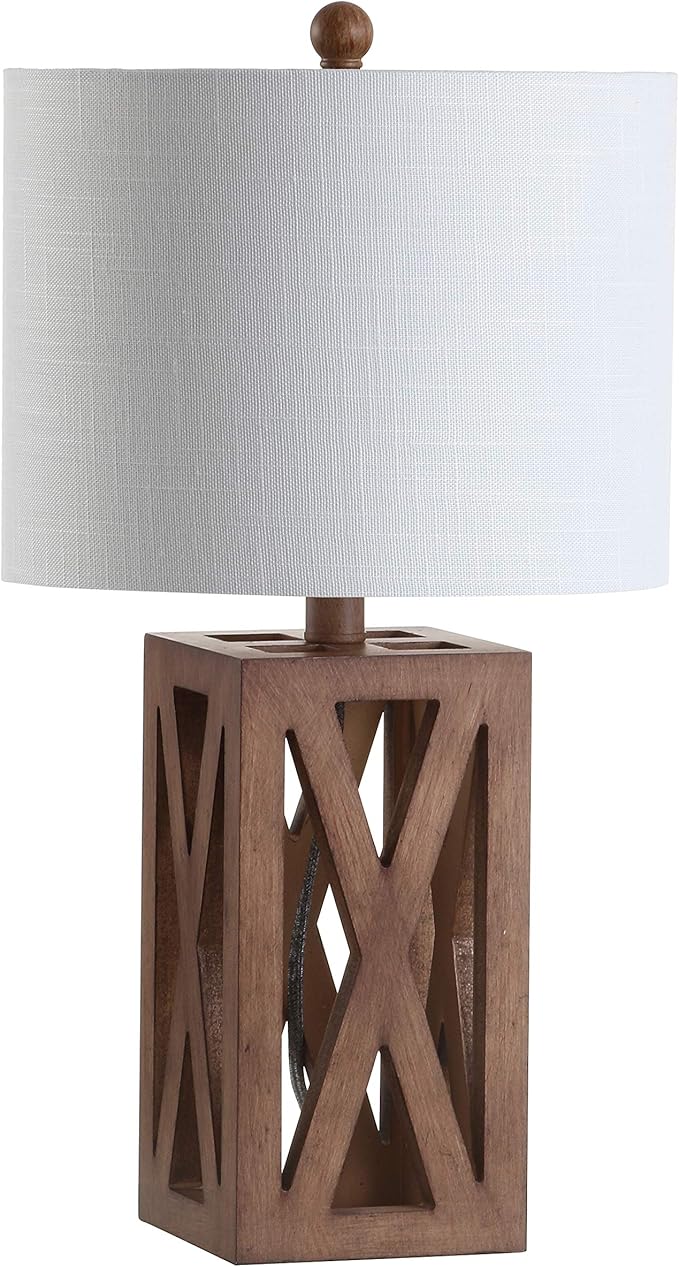 JONATHAN Y 21.5" Brown Farmhouse Wood Table Lamp for Bedside and Living Room, White Linen Drum Shade, Rustic Modern Desk Lamp for Bedroom, LED Bulb Included JYL1062A