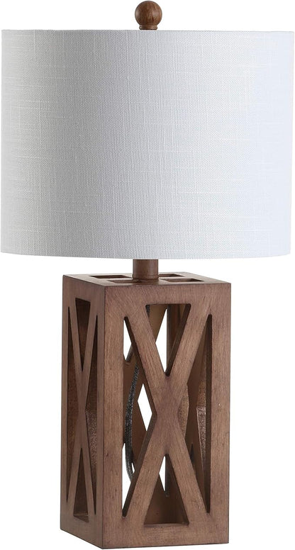 JONATHAN Y 21.5" Brown Farmhouse Wood Table Lamp for Bedside and Living Room, White Linen Drum Shade, Rustic Modern Desk Lamp for Bedroom, LED Bulb Included JYL1062A