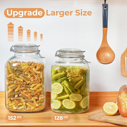 ComSaf Rice Container 152oz, Flour Sugar Storage Containers, Glass Jars with Airtight Lid, 1.17 Gallon Mason Jar, Large Storage Containers with Lids for Pickled Egg, Pasta, Cereal, Beans, Set of 2