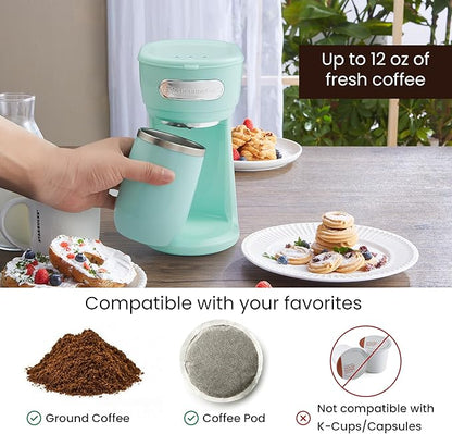 Elite Gourmet EHC242M Personal Single-Serve Compact Coffee Maker Brewer Includes 12oz. Dual Wall, Travel Mug with Stainless Steel Interior, Compatible with Coffee Grounds, Reusable Mesh Filter, Mint