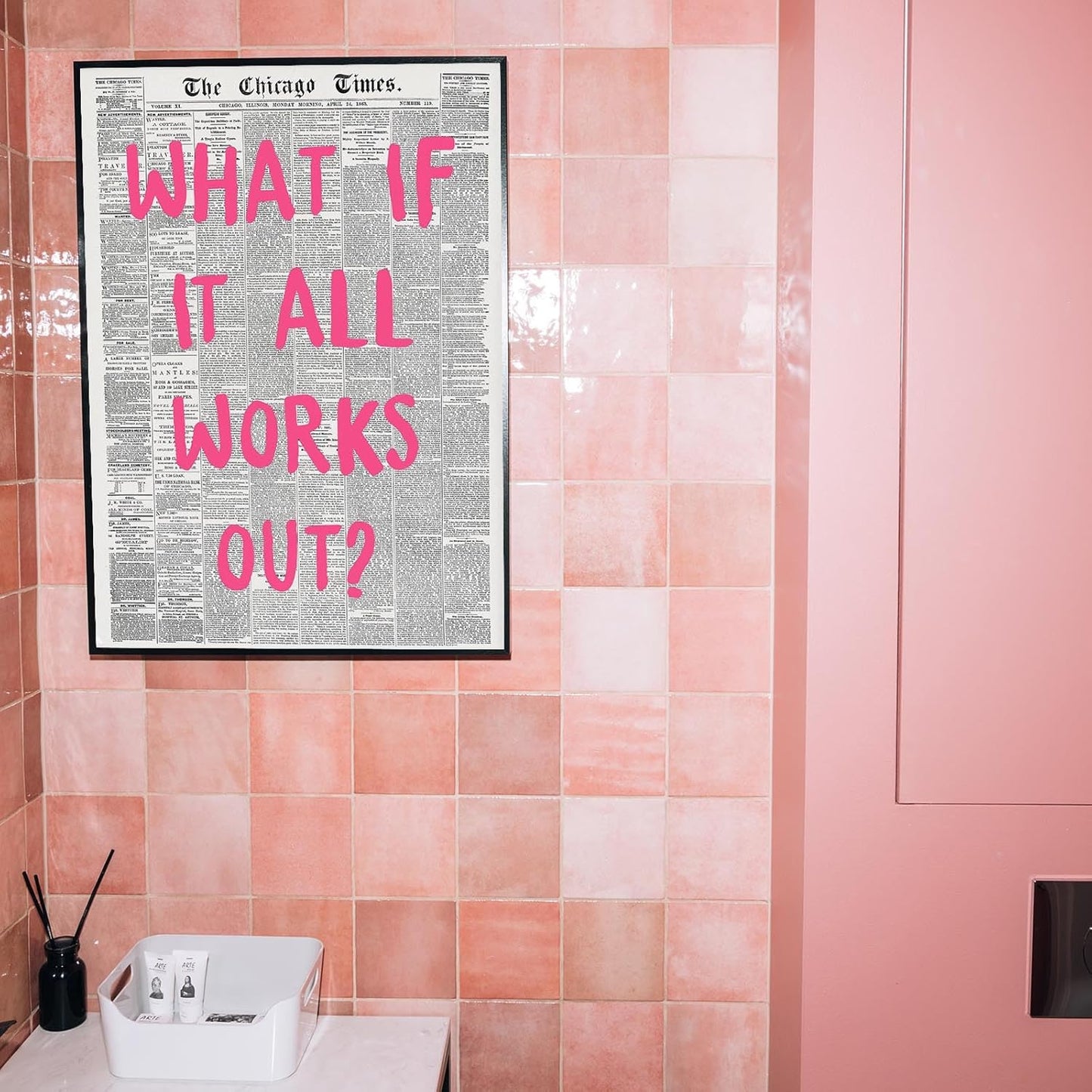 Liyark Retro Trendy Newspaper Canvas Wall Art 'What If All Works Out' Poster, Black and White, Pink Font, 24x36in Framed, Home Office Decor