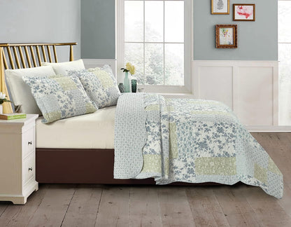 Brilliant Sunshine Multi Blue and Beige Floral Patchwork, 3-Piece Quilt Set with 2 Shams, Reversible Bedspread, Soft Lightweight Coverlet, All-Season, Full/Queen, Blue White