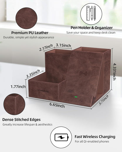 Wireless Charger with Desk Organizer, Pen Pencil Holder, Multifunctional Desktop Organizer, Office Supplies and Desk Accessories Organizer with 3 Compartments and 1 Phone Stand, Dark Brown