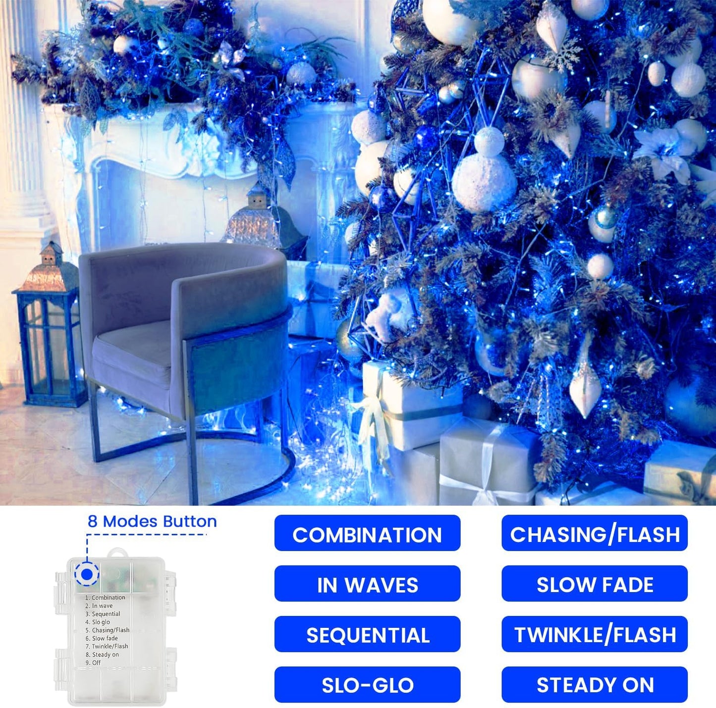 2 Pack Halloween String Lights Battery Operated with Timer, 66FT 200 LED Waterproof Battery Twinkle Lights, 8 Modes Fairy Light for Indoor & Outdoor Party Bedroom Garland Tree Christmas Decor (Blue)
