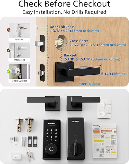 Philips WiFi Smart Lock with Handle, Fingerprint Keyless Entry Door Lock with WiFi Bridge, Smart Locks for Front Door with Handle Set, APP Remote Control, Voice Control, Auto-Lock, Matte Black