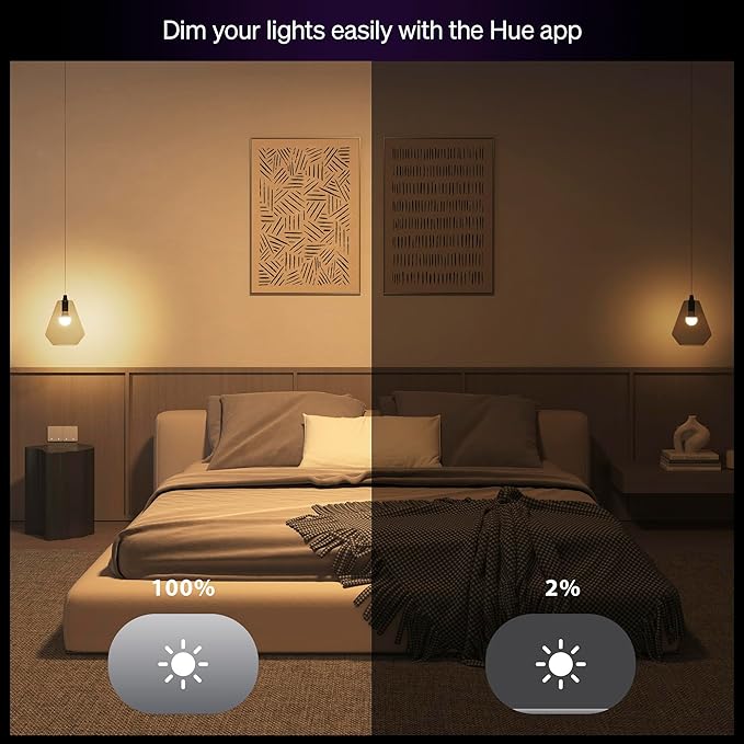 Philips Hue Essential Smart LED A19 Bulb, White and Color Ambiance, E26 Base, 8.8W, 2200K-6500K, 800 Lumens, Dimmable, Works with Alexa, Google, and Apple Home, 2-Pack