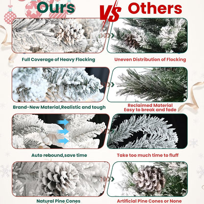 4 ft Prelit Flocked Christmas Tree with Pine Cones & 150 UL Lights, Snow Frosted Artificial Christmas Tree with Auto Hinged Stand for Holiday Decor