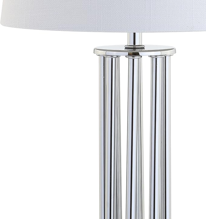 JONATHAN Y 18" Chrome Lillian Metal Mini LED Table Lamp, Modern Transitional Tri-Pillar Iron Bedside Lamp for Living Room Bedroom, White Linen Shade, LED Bulb Included JYL2025A