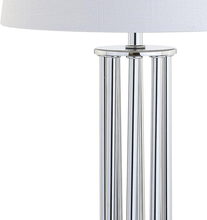 JONATHAN Y 18" Chrome Lillian Metal Mini LED Table Lamp, Modern Transitional Tri-Pillar Iron Bedside Lamp for Living Room Bedroom, White Linen Shade, LED Bulb Included JYL2025A