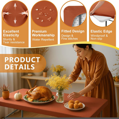Fitted Tablecloth for 8 Foot Rectangle Tables-6 Pack Rust Elastic Outdoor Picnic Table Cover-Spandex Stretch Folding Table Cloths 8ft for Camping Dining Room Patio Kitchen Banquet Party