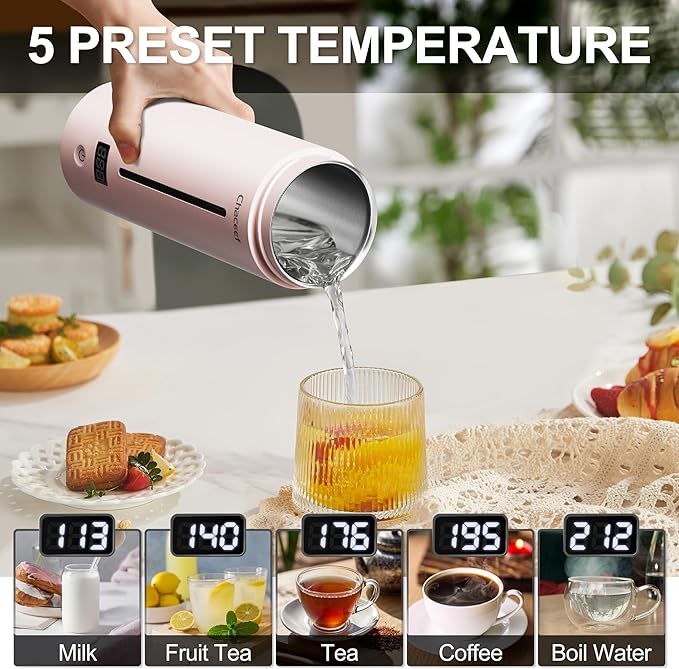 CHACEEF Travel Kettle 𝐔𝐩𝐠𝐫𝐚𝐝𝐞𝐝, Portable Electric Kettle, 350ml Small Electric Kettle with 5 Variable Presets, 304 Stainless Steel Hot Water Boiler with Auto Shut-Off & Boil Dry Protect, Pink
