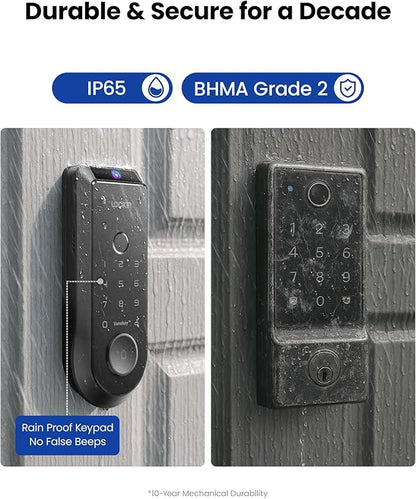 Lockin Veno Smart Deadbolt Lock with Dual Swappable Batteries for 14-Month Extended Power, Palm Vein & Fingerprint Keyless Entry, Built-in Wi-Fi, Doorbell, App Remote Control, IP65 Waterproof
