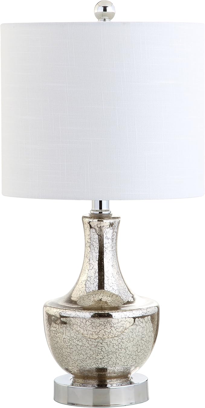 JONATHAN Y 20" Silver Glass Mini Table Lamp, Modern Bedside Lamp for Bedroom, White Linen Drum Shade, Teardrop Glass Base, LED Bulb Included, UL Listed (JYL1029B)