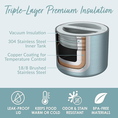 Bentgo Stainless Insulated Food Container - 2.4 Cups (19 oz), Triple-Layer Insulation, Vacuum Seal, Leak-Proof, Built-In Handle, Wide Opening, Premium Stainless Steel, for Cool/Warm Foods (Aqua)