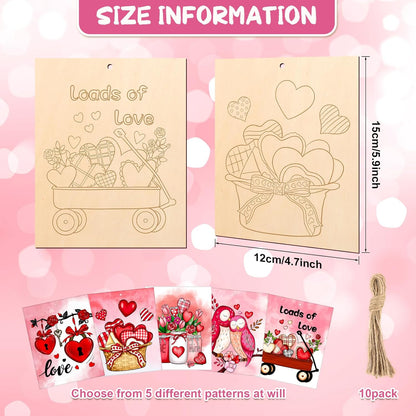 COCHIE 10 Pieces Large Valentines Day Unfinished Wood Crafts to Paint for Kids Adults, Bulk Predrilled Wooden Ornaments for Painting, Heart Pattern Paintable Wood Slices Craft Supplies with Ropes