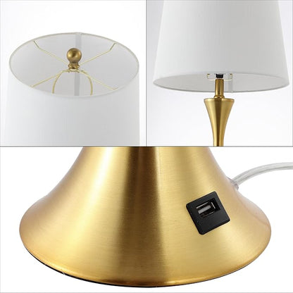 JONATHAN Y 22.75" Brass Gold Modern Hourglass LED Table Lamp Set of 2 with USB Port, Metal Bedside Lamps for Living Room Bedroom, White Linen Shade JYL6621A-SET2