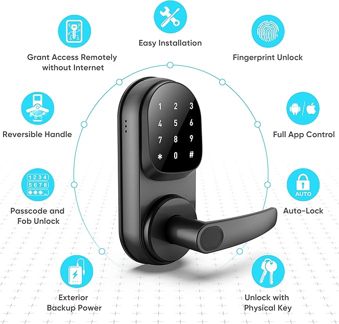 Sifely Keyless Entry Smart Lock - Fingerprint & Keypad Access, Front Door Handle, Black