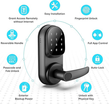 Sifely Keyless Entry Smart Lock - Fingerprint & Keypad Access, Front Door Handle, Black