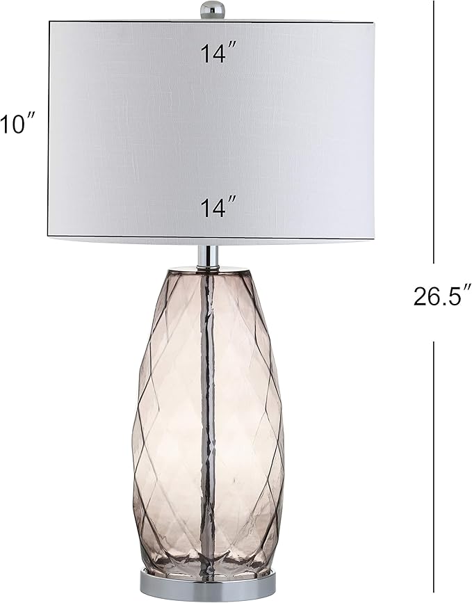 JONATHAN Y 26.5" Smoked Gray Glass Table Lamp, Modern Faceted Bedside Lamp, White Linen Drum Shade, Chrome Base, LED Bulb Included for Bedroom, Living Room, Nightstand JYL4009A