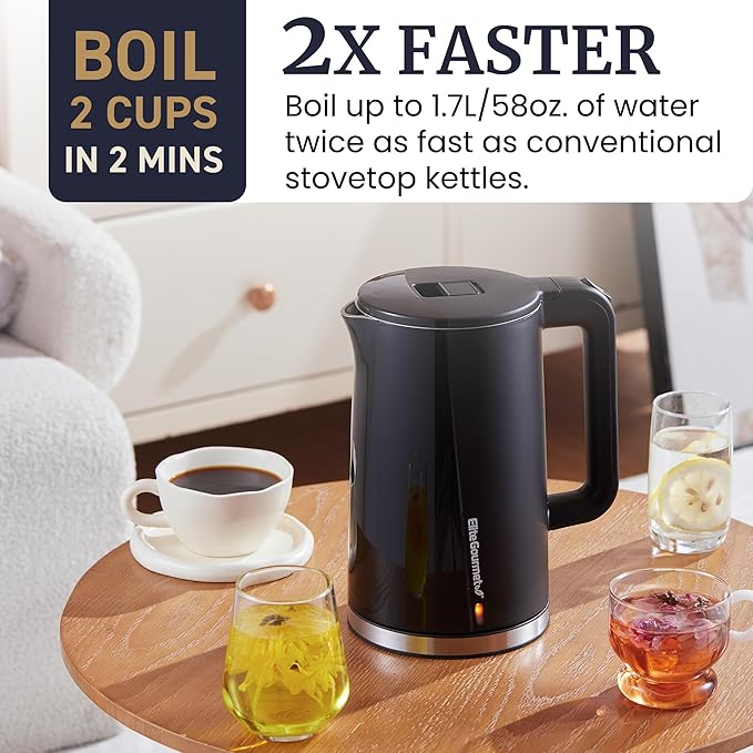 Elite Gourmet 1.7L Cool-Touch 1500W Fast Boil Electric Kettle, Fully Stainless Steel Lid & Interior BPA Free, Double Wall, Auto Shut-Off, Black