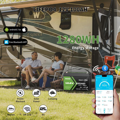 OKMO 12V 100Ah LiFePO4 Battery, Lithium Battery 100A BMS, 10 Years Lifetime 15000+ Deep Cycles,for Marine, RV, Trolling Motor, Boat, Camper, Solar Home Iron Phosphate, Low Temperature Protection