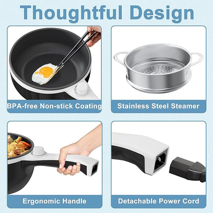Dezin Hot Pot Electric with Steamer Upgraded, Non-Stick Sauté Pan, Rapid Noodles Electric Pot, 1.5L Mini Pot for Steak, Egg, Fried Rice, Ramen, Oatmeal, Soup with Power Adjustment