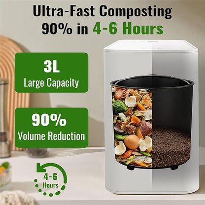 MERIOR 3L Electric Composter for Kitchen, Smart Compost Bin for Countertop, Auto-Cleaning/Odor-Free/LED Display, Turn Kitchen Waste to Dry Compost Fertilizer, Indoor/Outdoor Compost Machine