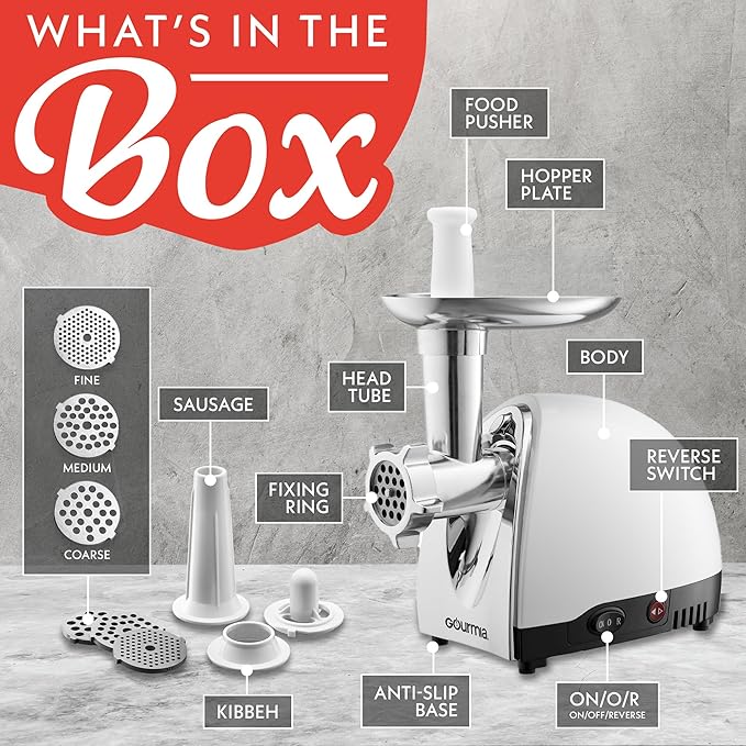 Gourmia Electric Meat Grinder – 500W Commercial Grade Meat Processor with Sausage Stuffer, 3 Stainless Steel Grind Plates Fine to Coarse, Stainless Steel