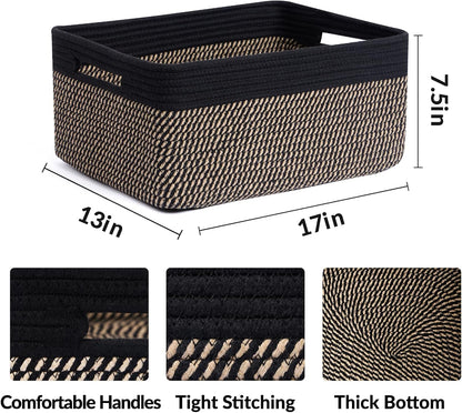 Large Storage Baskets for Shelves, Closet Organizers Bins for Clothes Blanket Towels, Baby Nursery, Toy Baskets Box, Woven Rope Baskets, 17 x 13 x 7.5”, 2 Packs Woven Brown