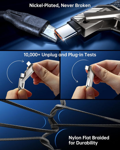 4-in-1 Long USB C Cable 10FT Compatible with Lightning Cable 90 Degree Fast Charging Flat Nylon Braided for iPhone/iPad Charger Cord Multi Charge Cord with L/USB C/USB A Ports, Grey