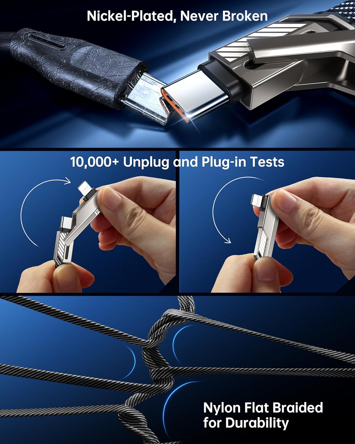 SHEZI 4-in-1 [Upgraded] USB C Cable 10FT Compatible with Lightning Cable 90 Degree, Long Fast Charging Flat Nylon Braided for iPhone 16/15 Charger Cord, Multi Charging Combo with L/USB C/USB A Ports