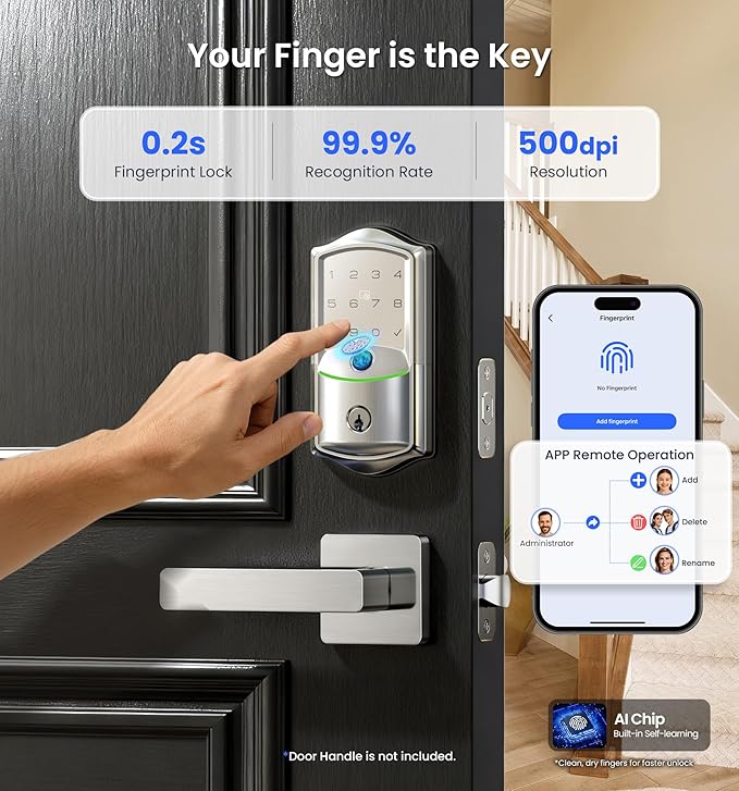 Veise VE027 Built-in Wi-Fi Smart Lock, Fingerprint Keyless Entry Front Door Lock, App Remote & Voice Control, No Hub Needed, Touchscreen Keypad Deadbolt, IP65 Waterproof, BHMA Grade 3, Satin Nickel