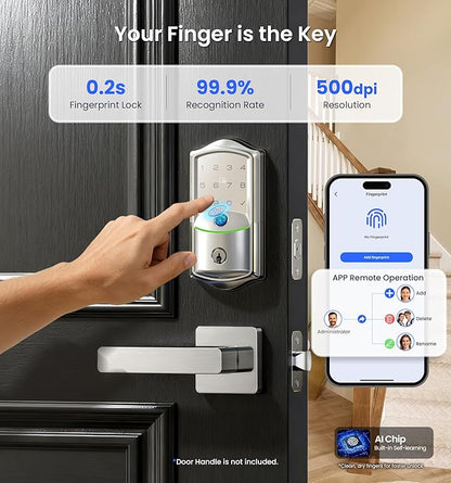 Veise VE027 Built-in Wi-Fi Smart Lock, Fingerprint Keyless Entry Front Door Lock, App Remote & Voice Control, No Hub Needed, Touchscreen Keypad Deadbolt, IP65 Waterproof, BHMA Grade 3, Satin Nickel