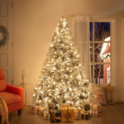 Glasgow 6.5ft Frosted Prelit Artificial Christmas Tree with Pine Cones, Foot Pedal, 1040 Branch Tips, 650 Warm Lights & Metal Stand, 56" Wide Realistic Snow Flocked Pine Christmas Tree with Lights