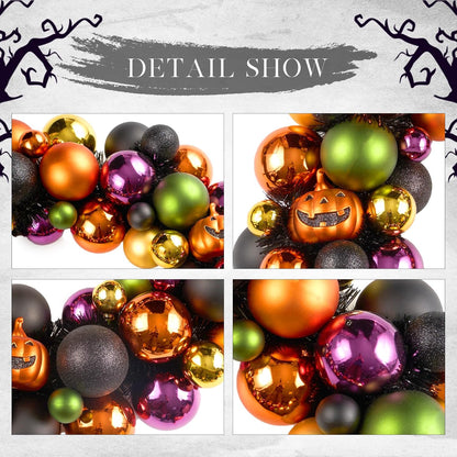 JORNOY 20inch Large Halloween Ball Wreath with Ghost & Pumpkin Accents - Seasonal Orange/Black Wall Hanging, Front Door, Mantel, Porch Decor for Home