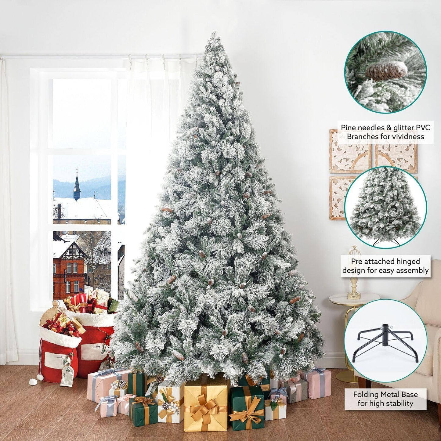Naomi Home Artificial Christmas Tree with Lights, Prelit Christmas Tree, Christmas Tree with Lights, Pine Christmas Trees, Hinged White Christmas Trees with - Tips - Green 9 Ft/Frosted